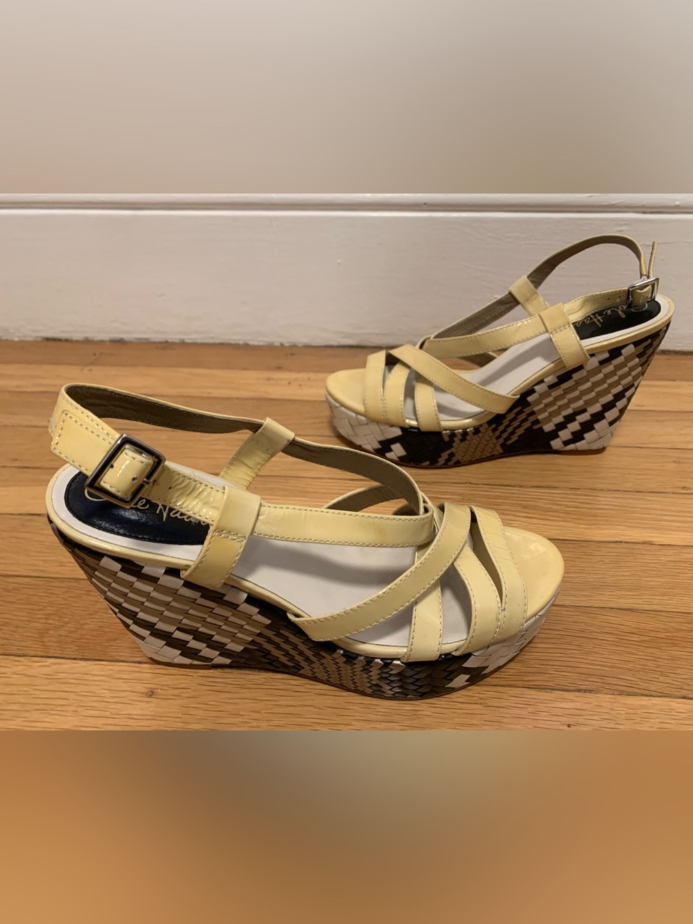 EUC Cole Haan Multi Black/White Woven Hi Wedge Platform Yellow Sandals Size 8.5M - Picture 7 of 14